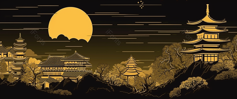 黑金质感国潮风圆月与古建筑塔手绘横板壁纸,插画/手绘图,插画/手绘图库,插画/手绘图下载,插画/手绘